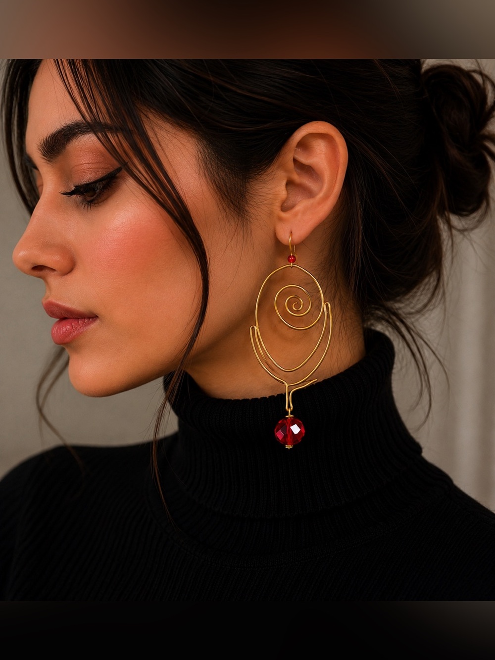 Handmade Gold Tone Spiral Wire Drop Earrings with Red Crystal Beads Artisan